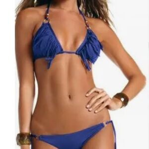 Vitamin A Blue Fringe Tulum Bikini SET tie side scrunch bottoms women’s small